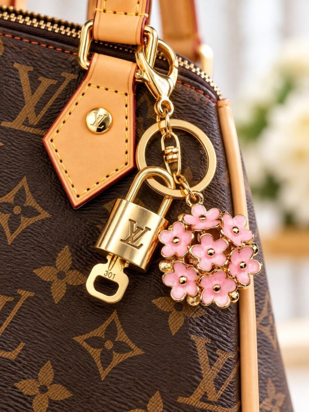 LV Gold Padlock Authentic 🔑 Luxury Bag Charm w/ Unbranded Flower Keychain